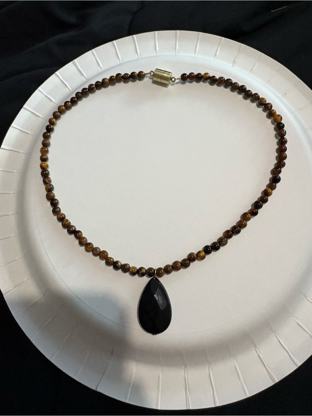 Tiger Eye Bead Necklace with Black Teardrop Pendant